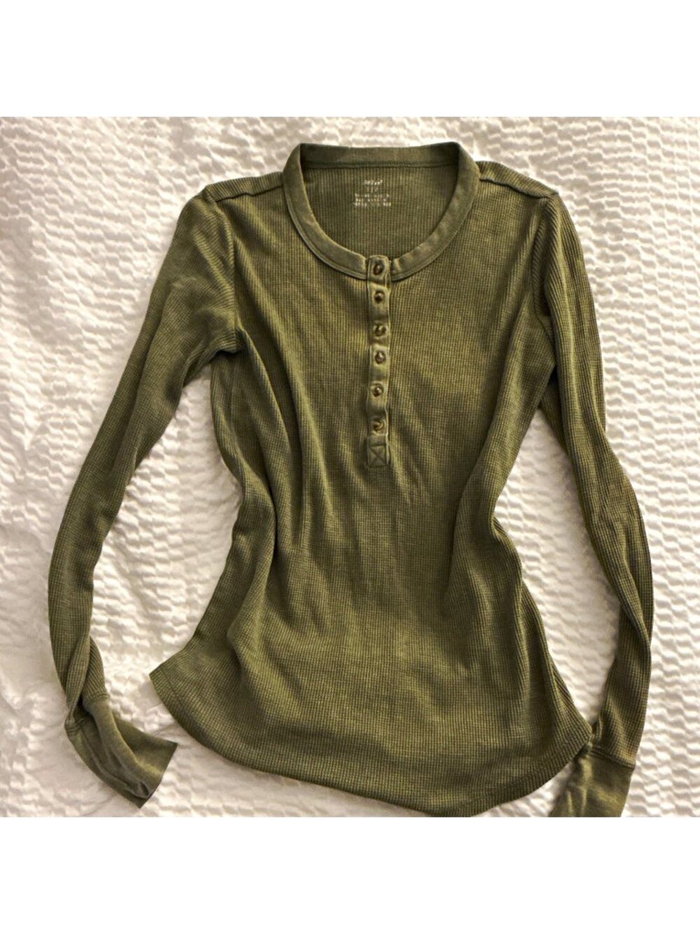 Aerie Women’s Green Solid Waffle Knit Henley Button Long Sleeve Top, Size S